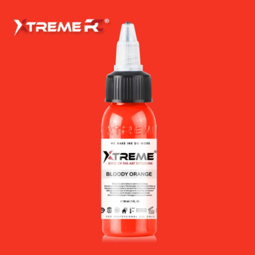 "Xtreme Ink Bloody Orange - 30ml bottle of orange tattoo ink, high-quality vegan tattoo color, available online or in-store in Switzerland."