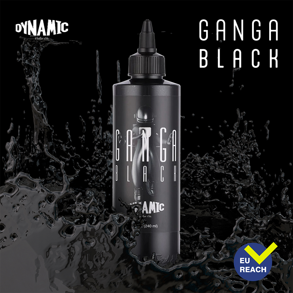 Dynamic Ink Ganga Black - Hochwertige, tiefschwarze vegane Tätowierfarbe für satte, langanhaltende Ergebnisse. Perfekt für Konturen und Schattierungen