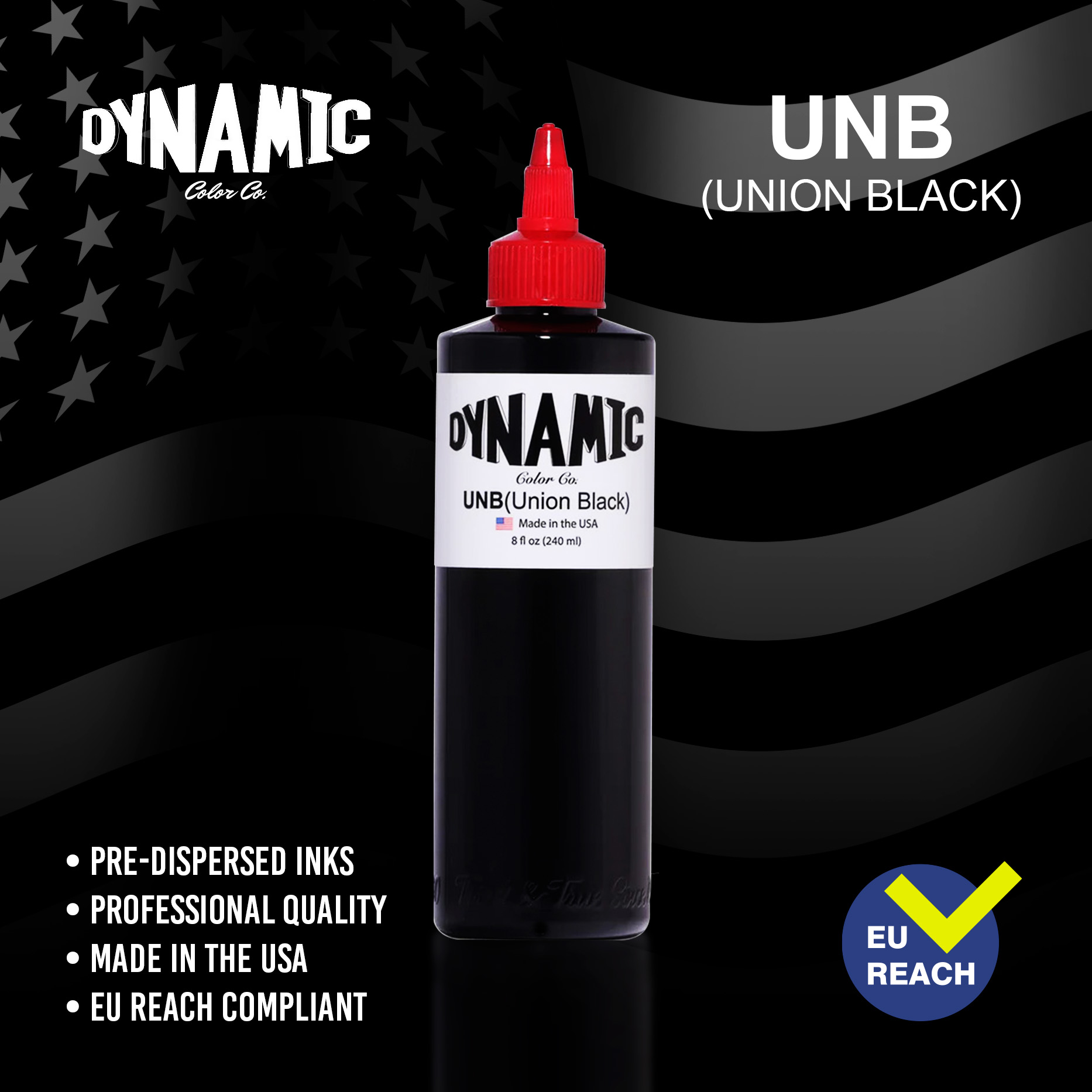 Dynamic Ink Union Black UNB - High-quality, deep black vegan tattoo ink for rich, long-lasting results. Perfect for outlines and shading.